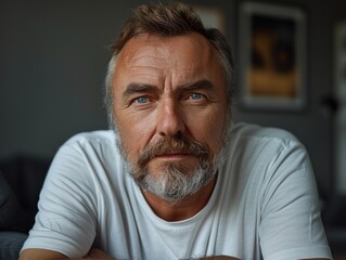 A man with a beard wearing a white shirt