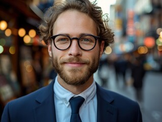 Fototapeta premium A man in formal attire, wearing a suit and tie, standing on a city street