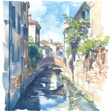 Watercolor illustration of Venetian historic, narrow canal lined with stone Italian houses. Soft colors pallet hand painted watercolor.