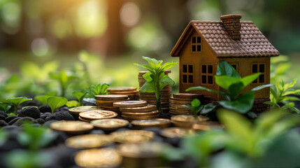 toy house with tree sprout growing on stack of gold coins, real estate and house market investing concept, profit and ROI, Generative Ai - 769378118