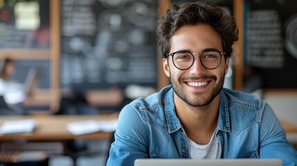 Fototapeta premium A man wearing glasses is sitting in front of a laptop, working