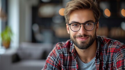 Obraz premium A man wearing glasses sits at a wooden table