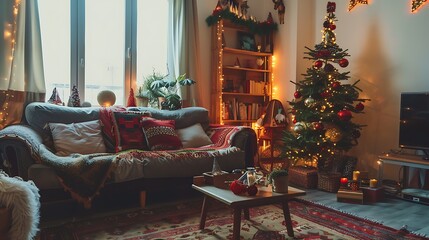 Bohemian style living room with christmas decoration