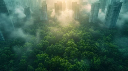 Fotobehang Natural landscape with city, trees, clouds, and mist © yuchen