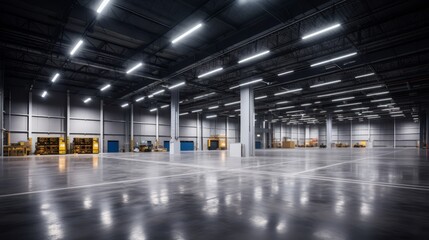  Interior of empty warehouse. Large modern empty storehouse