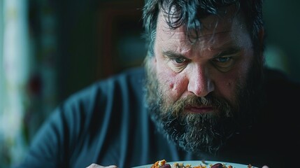 Bearded fat man with plate of food in hand