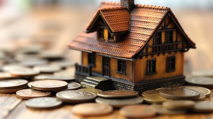 toy house with gold coins, real estate and house market investing concept, profit and ROI, Generative Ai - 769378593