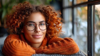 A woman with red curly hair is wearing glasses