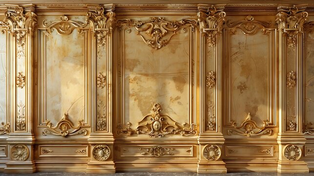 Classic wall of old gold stucco panels paint joinery in the interior background