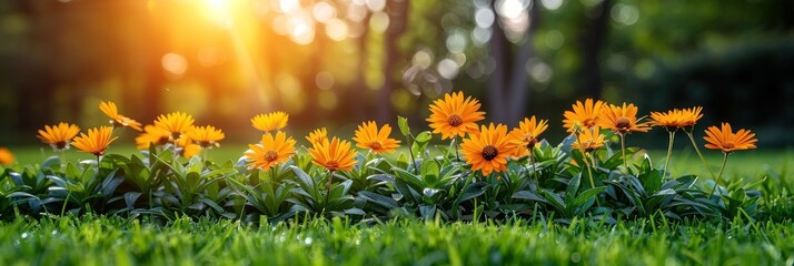 Various brightly colored flowers scattered throughout green grass - obrazy, fototapety, plakaty