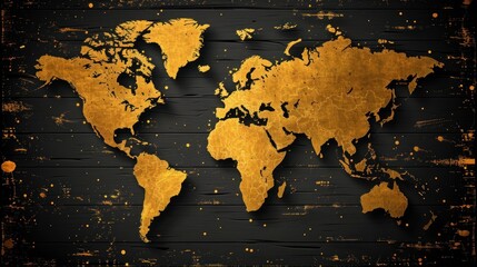 Shiny gold world map against a black background