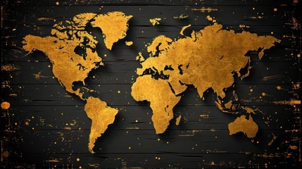Naadloos Fotobehang Airtex Shiny gold world map against a black background © Pixel Mind