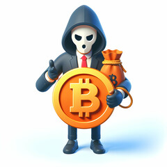 3D flat icon for business as Ransomware Ringleader A villain demanding ransom in cryptocurrency in online security threats theme with isolated white background ,Full depth of field, high quality ,incl - obrazy, fototapety, plakaty