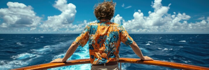 A man stands on a boat and gazes at the vast ocean ahead - obrazy, fototapety, plakaty