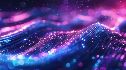 Vibrant purple and blue neon abstract: dynamic waves and bokeh lights in data transfer concept