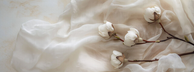 Elegantly draped white fabric forms a soft backdrop for delicate magnolia flowers, creating a...