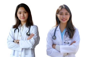 A young Asian woman in a doctor's coat with a stethoscope isolated on a transparent background, a medical student. Female hospital worker