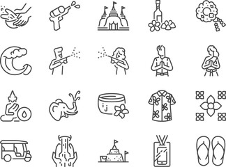 Songkran icon set. It includes water festivals, Thailand, Thai culture, Thai traditions, and more icons. Editable Vector Stroke.