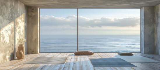 Empty yoga studio interior design with classic elements for yoga practice and meditation, featuring parquet floor, stucco walls, mats, pillows, and accessories, with a serene panoramic sea view.