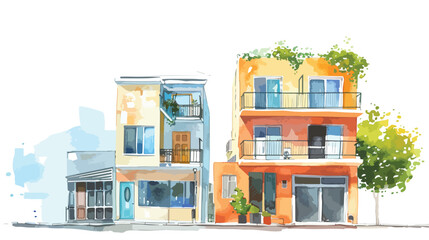 City Street house watercolor Flat vector 