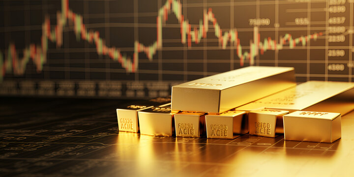Gold bar resting on a stocks and shares graph representing investment. Concept of gold price in the stock market.
