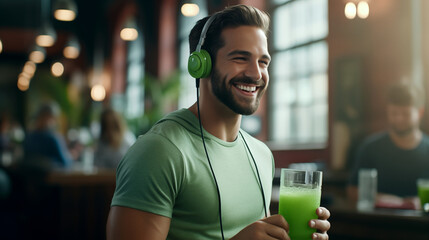 Portrait of smiling sporty man holding a cup of fresh drink, wearing headphones while listening to music. Athletic man in green t-shirt wearing headphones and drinking a fresh drink - obrazy, fototapety, plakaty