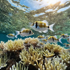 아름다움 바다 속 산호와 함께 잇는 물고기 때 - obrazy, fototapety, plakaty