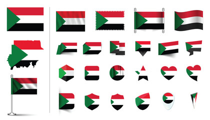 set of Sudan flag, flat Icon set vector illustration. collection of national symbols on various objects and state signs. flag button, waving, 3d rendering symbols