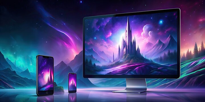 computer monitor and two mobiles phones mockup on desk with fantasy castle image displayed on device screens with abstract landscape background