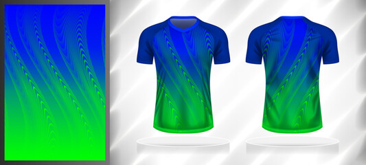 Vector sport pattern design template for V-neck T-shirt front and back with short sleeve view mockup. Dark and light shades of blue-green color gradient abstract curve line texture background.