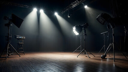 A stage lit by several spotlights, with a hard wooden floor.  - obrazy, fototapety, plakaty