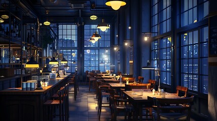 Digitally generated image of a large cafe restaurant interior at night