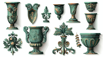 Collection of copper ornaments with green patina  - obrazy, fototapety, plakaty