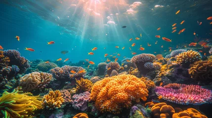 Gordijnen Vibrant coral reef teeming with fish and corals in the fluid underwater world © yuchen
