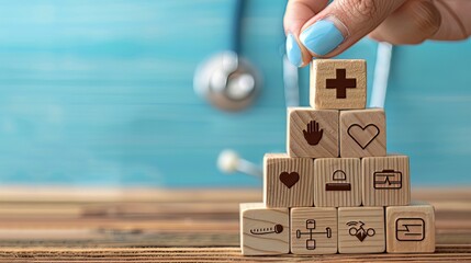 Using a medical hand health icon, wooden blocks are arranged to represent the concept of health insurance.