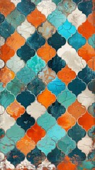 Detailed view of burnt orange and teal Moroccan tiles forming a vibrant and intricate pattern, background, wallpaper