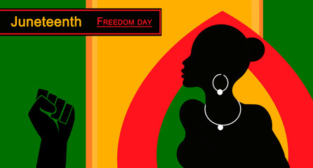June 16 Freedom Day greeting cards. Juneteenth Afro woman in profile, background in green, yellow...
