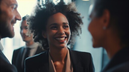 Representative of a high-profile executive: a black businesswoman whose life story is like a book about the path to the heights of success and deep talent. happy woman communicating at a meeting - obrazy, fototapety, plakaty
