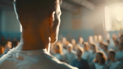 A coach giving a motivational speech to their team with determination and passion radiating from their words.