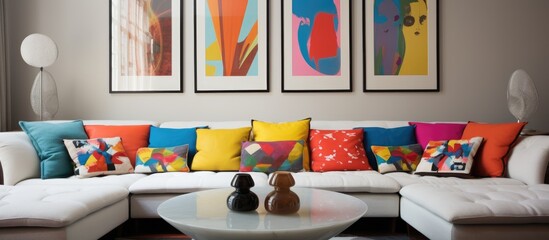 Interior design photo featuring a white sectional couch with colorful pillows, complemented by art on the walls and a stylish table for leisure