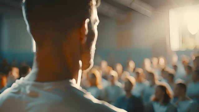 A coach giving a motivational speech to their team with determination and passion radiating from their words.