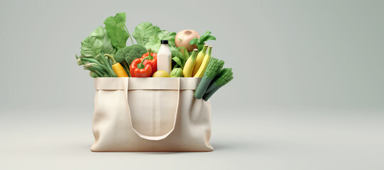 canvas bag with fresh vegetables on pink background. Grocery shopping concept