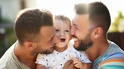 Male gay couple with adopted boy ,Two handsome dads kiss boy ,Lgbt family , Diversity concept - obrazy, fototapety, plakaty