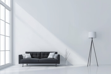 Elegant minimalist composition of a chic living room with a sofa, a lamp and copyspace for text