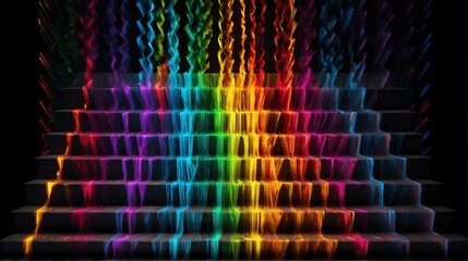 Bright abstract rainbow zigzag rays lines of lights on plain black background from Generative AI - obrazy, fototapety, plakaty