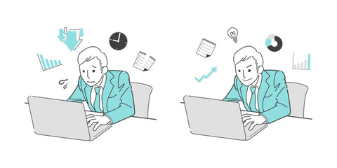 パソコンで仕事をする若いビジネスマンの比較イメージイラスト
