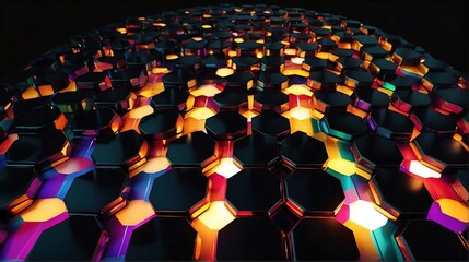 Bright abstract colorful hexagon shaped rays lights on plain black background from Generative AI - obrazy, fototapety, plakaty