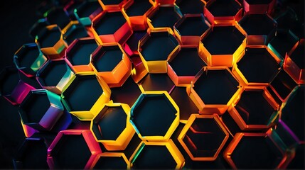 Bright abstract colorful hexagon shaped rays lights on plain black background from Generative AI