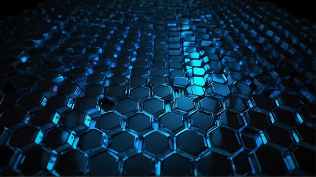 Bright abstract blue hexagon shaped rays lights on plain black background from Generative AI
