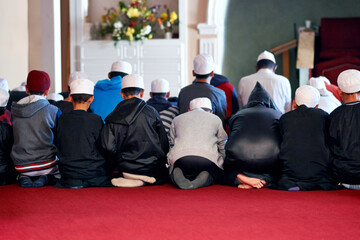 Muslim, community and prayer for worship, faith and spiritual routine for ramadan. Islamic family,...